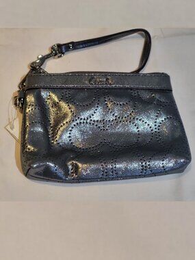 NWT Coach Metallic Gunmetal Perforated Signature Wristlet